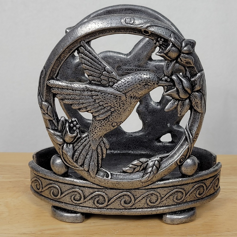 VTG 2000‎ Carson Pewter Footed Hummingbird Flowers Oval Candle Napkin Holder